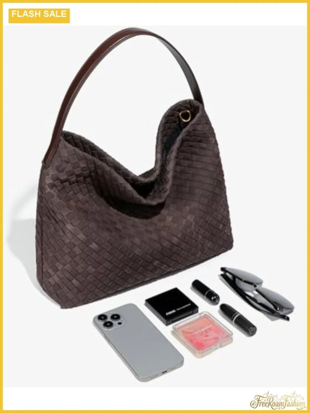 Woven Faux Suede Hobo Tote Bag Women Slouchy Shoulder Purse